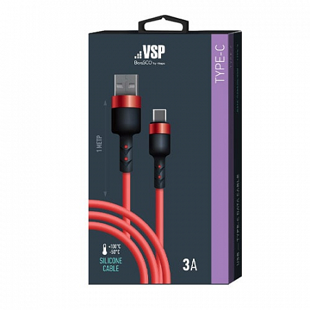 Дата-кабель Sillicone USB – Type-C, 3А, 1м, Красный, BoraSCO